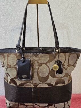 Coach Brown Signature Canvas Tote with Dark Brown Trim